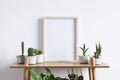 Stylish room interior with mock up photo frame on the brown bamboo shelf with beautiful plants in different designed pots.