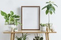 Stylish room interior with mock up photo frame on the brown bamboo shelf with beautiful plants in different designed pots.