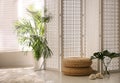 Stylish room interior with folding screen and plants Royalty Free Stock Photo
