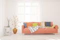 Stylish room in white color with sofa. Scandinavian interior design. 3D illustration Royalty Free Stock Photo