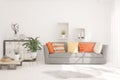 Stylish room in white color with sofa . Scandinavian interior design. 3D illustration