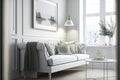 Stylish room in white color with sofa. Scandinavian interior design. 3D illustration,hyperrealism, photorealism, photorealistic Royalty Free Stock Photo