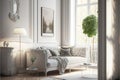 Stylish room in white color with sofa. Scandinavian interior design. 3D illustration Royalty Free Stock Photo