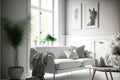 Stylish room in white color with sofa. Scandinavian interior design. 3D illustration,hyperrealism, photorealism, photorealistic Royalty Free Stock Photo