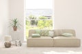 Stylish room in white color with sofa and summer landscape in window. Scandinavian interior design. 3D illustration