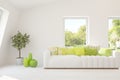 Stylish room in white color with sofa and summer landscape in window. Scandinavian interior design. 3D illustration