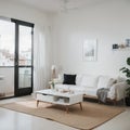 Stylish room in white color with sofa and summer landscape in window. Scandinavian interior design.