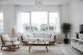 Stylish room in white color with sofa and summer landscape in window. Scandinavian interior design.