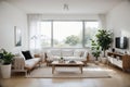 Stylish room in white color with sofa and summer landscape in window. Scandinavian interior design.