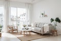 Stylish room in white color with sofa and summer landscape in window. Scandinavian interior design.