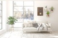 Stylish room in white color with sofa and winter landscape in window. Scandinavian interior design. 3D illustration Royalty Free Stock Photo