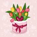 Box with multicolored tulips and heart for Valentine's Day, Women's Day, Mother's Day. A gift for a girl, mom Royalty Free Stock Photo