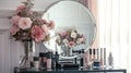 a stylish round mirror adorning a dressing table, surrounded by an array of carefully arranged cosmetic products and