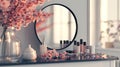 a stylish round mirror adorning a dressing table, surrounded by an array of carefully arranged cosmetic products and