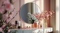 a stylish round mirror adorning a dressing table, surrounded by an array of carefully arranged cosmetic products and