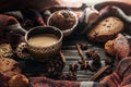 stylish rustic winter coffee cookies and spices on wooden background in morning. space for text. cozy mood autumn. seasonal