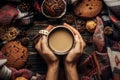 Stylish rustic winter flat lay with hands holding coffee cookies Royalty Free Stock Photo