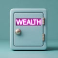 Stylish safe with 'Wealth' neon sign, symbolizing financial security. Royalty Free Stock Photo