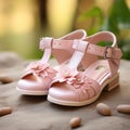 Stylish sandals for kids girls on natural background. Shiny fashion summer shoes