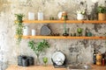 Stylish scandi cuisine interior. Open shelves in kitchen