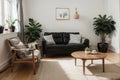 Stylish Scandic living room interior - sofa, armchair, coffee table, plants in pots, lamp, home decorations. Cozy Autumn. Modern c