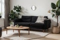 Stylish Scandic living room interior - sofa, armchair, coffee table, plants in pots, lamp, home decorations. Cozy Autumn. Modern c