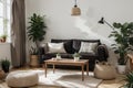 Stylish Scandic living room interior - sofa, armchair, coffee table, plants in pots, lamp, home decorations. Cozy Autumn. Modern c