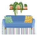 Stylish scandic living room interior - sofa on a carpet and potted plants. Home lagom decorations. Cozy season. Modern comfy