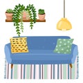 Stylish scandic living room interior - sofa on a carpet and potted plants. Home lagom decorations. Cozy season. Modern comfy