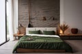 Stylish Scandinavian bedroom interior with green bed linen