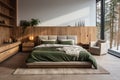 Stylish Scandinavian bedroom interior with green linens and wooden wall panels