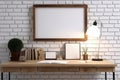 Minimalistic style interior design of working area, white brick wall, picture frame