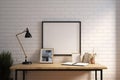 Minimalistic style interior design of working area, white brick wall Royalty Free Stock Photo