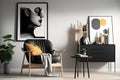 Stylish scandinavian composition of living room with design armchair, black mock up poster frame, commode, wooden stool, book,