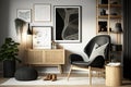 Stylish scandinavian composition of living room with design armchair, black mock up poster frame, commode, wooden stool, book,