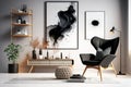 Stylish scandinavian composition of living room with design armchair, black mock up poster frame, commode, wooden stool, book,