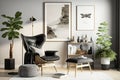 Stylish scandinavian composition of living room with design armchair, black mock up poster frame, commode, wooden stool, book,