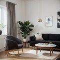 Stylish scandinavian home interior of living room with design gray sofa, armchair, marble stool, black coffee table, modern painti