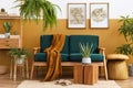 Stylish scandinavian interior of living room with design green velvet sofa, gold pouf, wooden furniture, plants, carpet, cube.