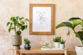 Stylish scandinavian interior of living room with mock up poster frame, wooden console, plants composition, books, decoration
