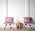 Stylish Scandinavian interior, natural wooden table, two pink chairs and modern home decoration, Mock up interior Royalty Free Stock Photo