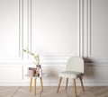 Stylish Scandinavian interior, wooden table, white chair and modern home decoration Royalty Free Stock Photo