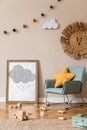 Playroom for kids with cute toys and mockup poster frame in Scandinavian style.