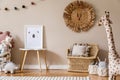 Beige kid room in cute Scandinavian style.