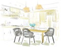 Stylish and scandinavian kitchen interior of modern apartment. Drawing sketch for design.