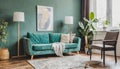 Stylish scandinavian living room interior with design mint sofa, furnitures, mock up poster map, plants, and elegant personal Royalty Free Stock Photo