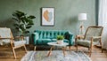 Stylish scandinavian living room interior with design mint sofa, furnitures, mock up poster map, plants, and elegant personal Royalty Free Stock Photo