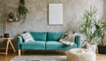 Stylish scandinavian living room interior with design mint sofa, furnitures, mock up poster map, plants, and elegant personal Royalty Free Stock Photo