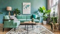 Stylish scandinavian living room interior with design mint sofa, furnitures, mock up poster map, plants, and elegant personal Royalty Free Stock Photo