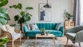 Stylish scandinavian living room interior with design mint sofa, furnitures, mock up poster map, plants, and elegant personal Royalty Free Stock Photo
